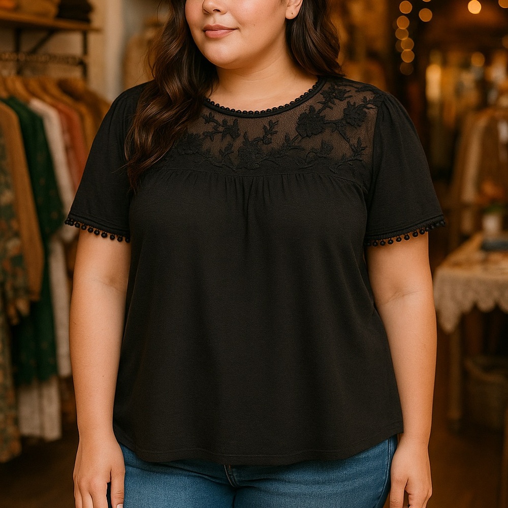 Indigo Rd. Black Embroidered Lace Yoke Blouse 3X‎ | Boho Romantic whimsygoth